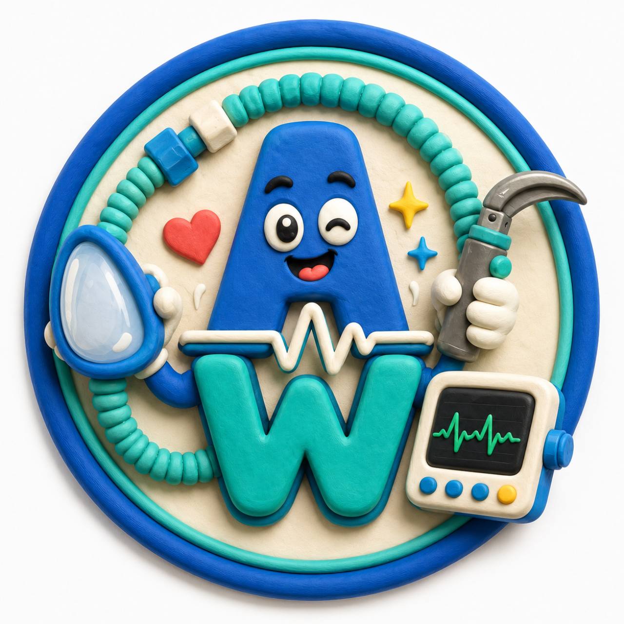 Mascote AnestWorks em azul e turquesa, com máscara, laringoscópio e monitor ilustrados